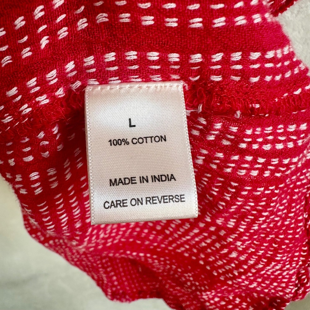 Keep In Touch Red Dobby Stitch Button Down Cap Sleeve Tie-Front Crop Top L - Picture 4 of 6